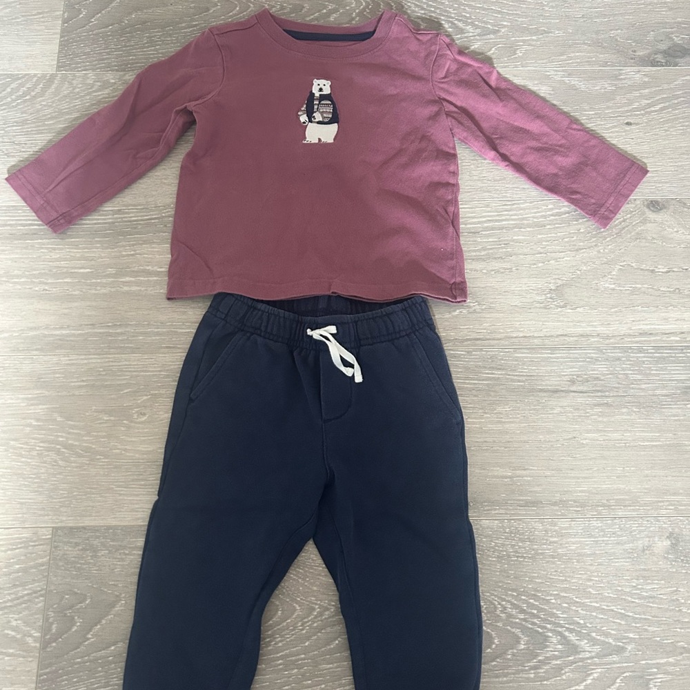 Janie and Jack Bear Graphic Long Sleeve Top and Navy Pants Set